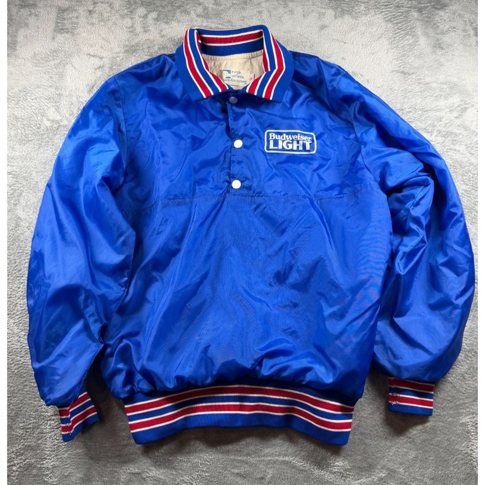 Vtg 80s Budweiser Light Satin Jacket Mens M Eagle Athletic USA Blue Bomber